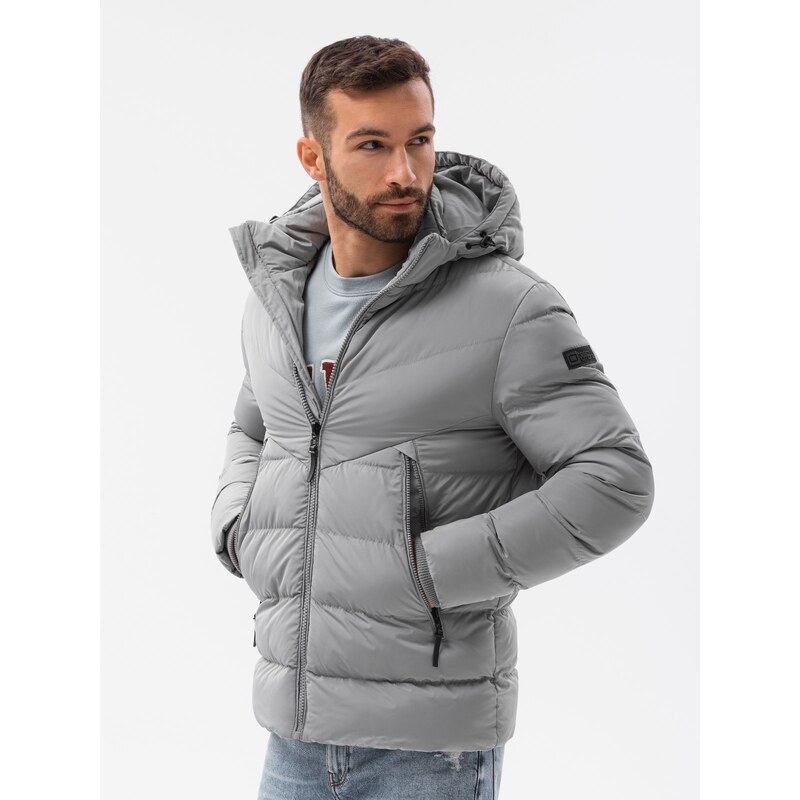 Ombre Clothing Pánska zimná bunda s neobvyklým prešívaním - sivá V6 OM-JAHP-0127