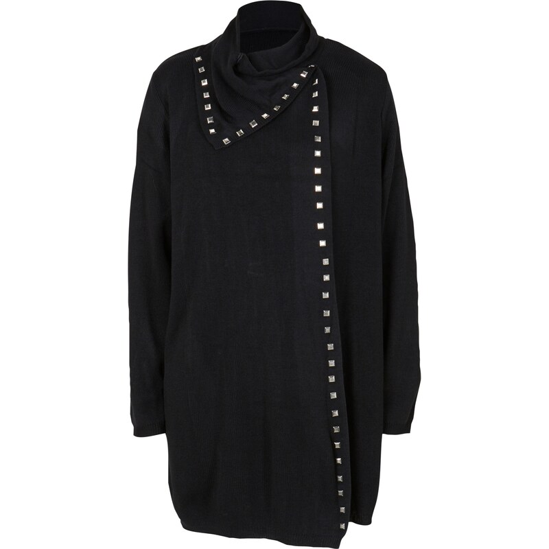 bonprix Dlhý pletený sveter s nitovými detailmi, farba čierna 45530770