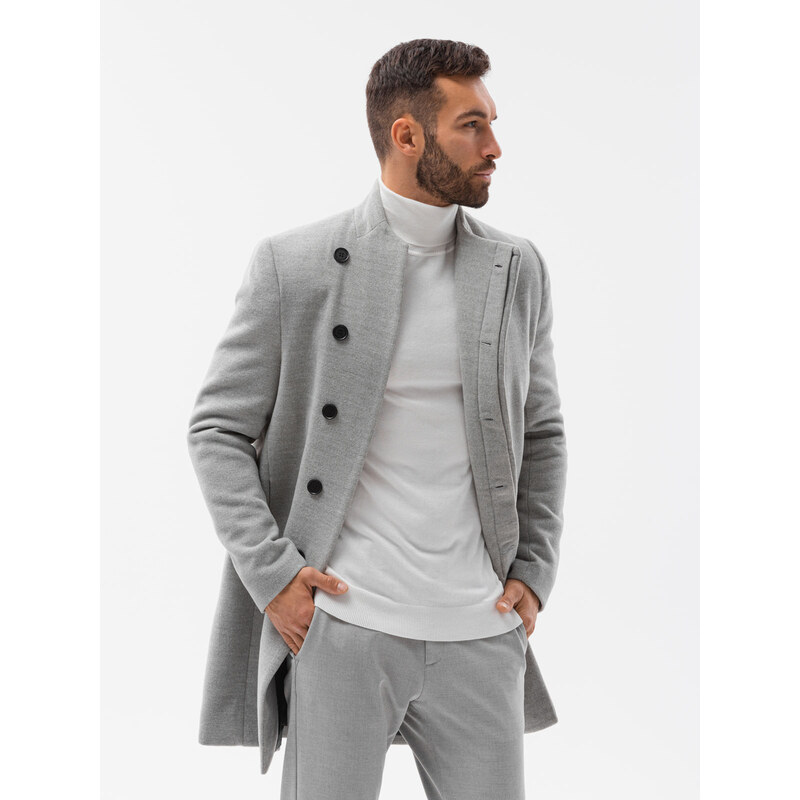 Ombre Clothing Pánsky kabát s asymetrickým zapínaním - sivý melír V1 OM-COWC-0102