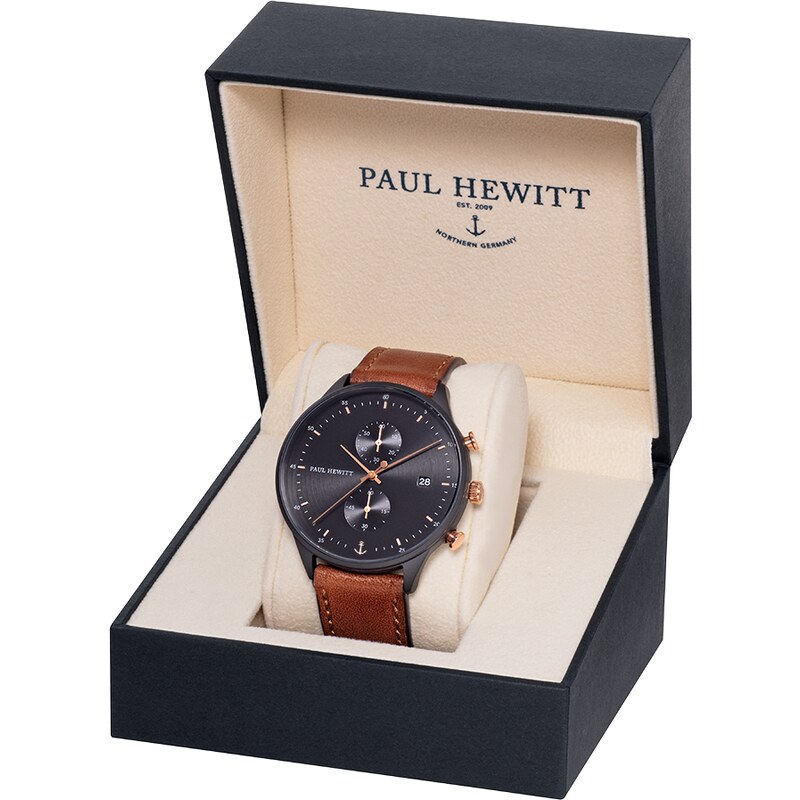 Paul Hewitt Black Sunray IP Black/Rose Gold Leather Watch Strap Brown