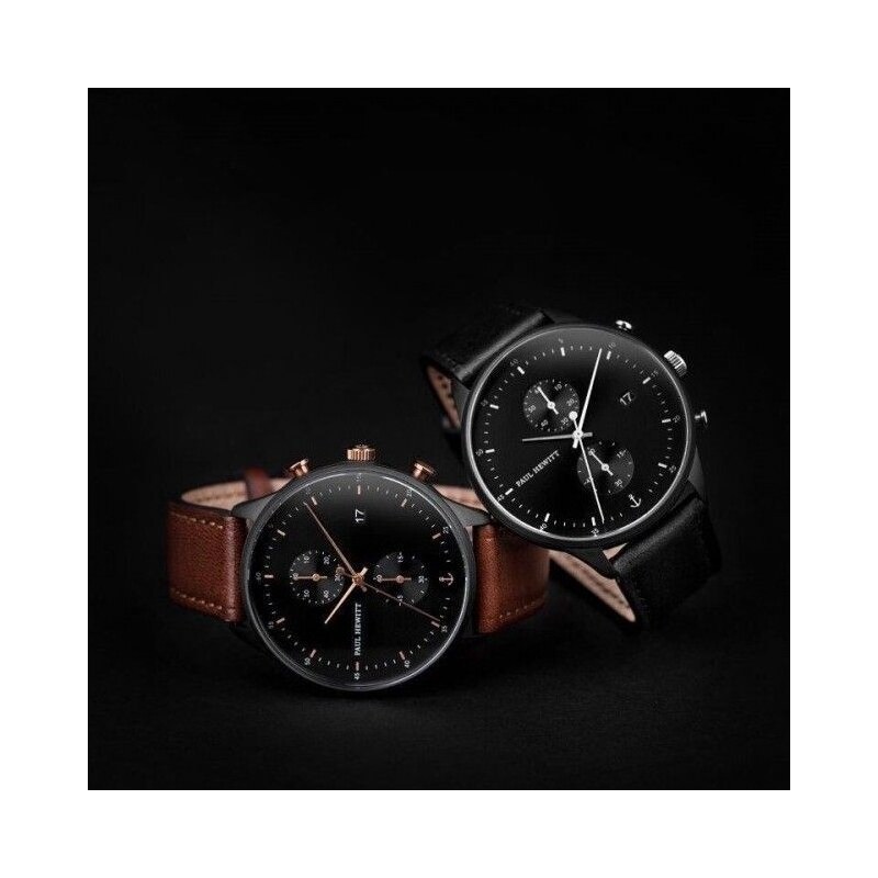 Paul Hewitt Black Sunray IP Black/Stainless Steel Leather Watch Strap Black