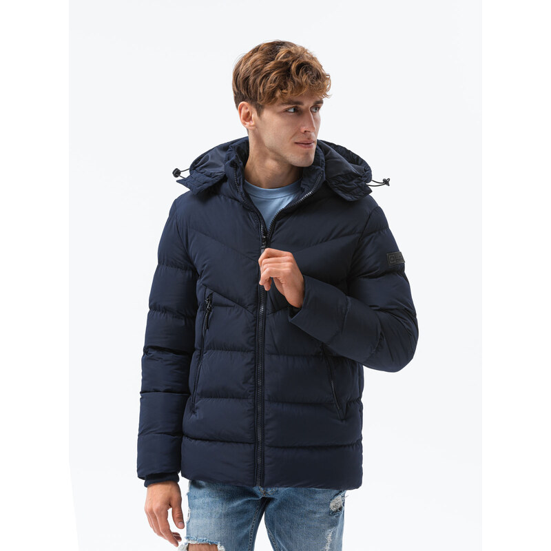 Ombre Clothing Pánska zimná bunda s neobvyklým prešívaním - tmavomodrá V4 OM-JAHP-0127