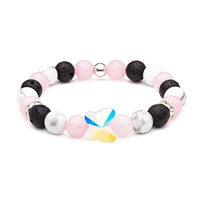 BudNej Minerálny náramok MOTÝĽ Swarovski z ruženínu, howlitu a 35942050