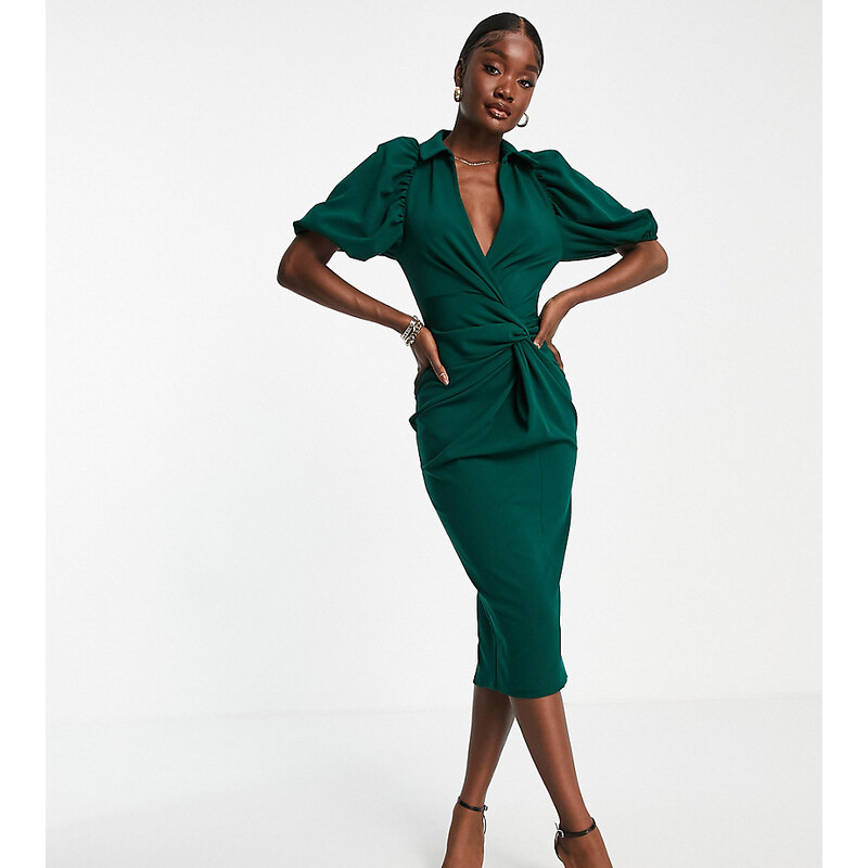 ASOS Tall ASOS DESIGN Tall shirt knot detail wrap midi dress in bottle  green - GLAMI.sk