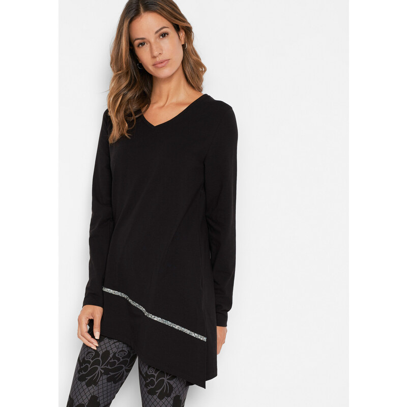 bonprix Dlhé tričko s asymetrickým strihom a leskom, farba čierna 61994202