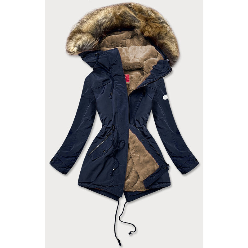 LHD Tmavomodrá dámska bunda parka s kožušinovou podšívkou (m-21207) 66085157