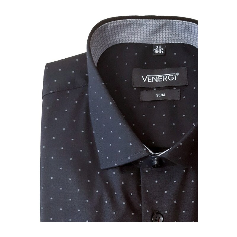 Venergi Pánska čierna vzorovaná košeľa s jemným bodkovaným vzorom 188/194 cm vysoká Slim 40