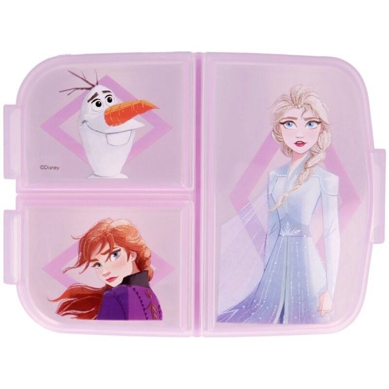 Stor Multibox na desiatu Ľadové kráľovstvo - Frozen s 3 priehradkami a obrázkami princezien Anny, Elsy a snehuliaka Olafa