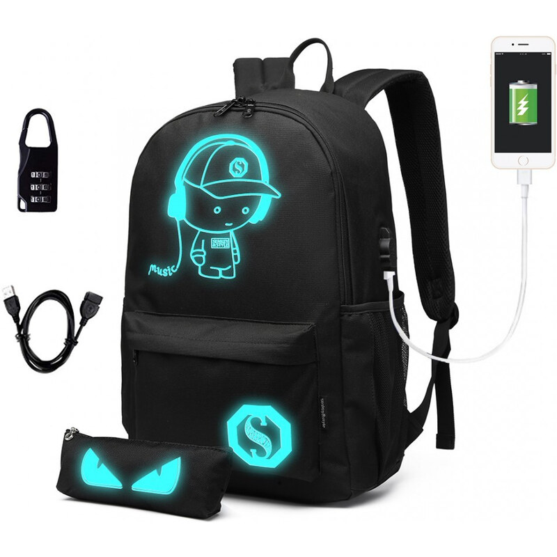 Čierny žiariaci nepremokavý batoh s puzdrom a USB portom Marten
