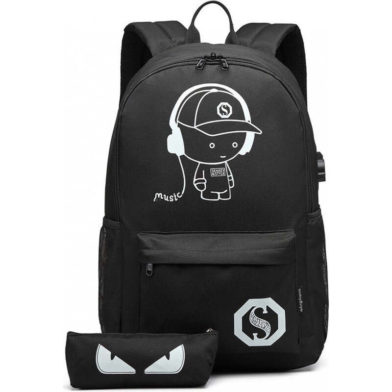 Čierny žiariaci nepremokavý batoh s puzdrom a USB portom Marten