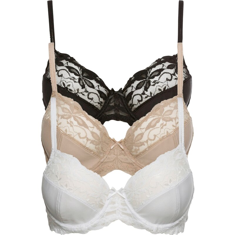 bonprix Podprsenka s kosticami s jemnou čipkou (3 ks), farba čierna 44732762