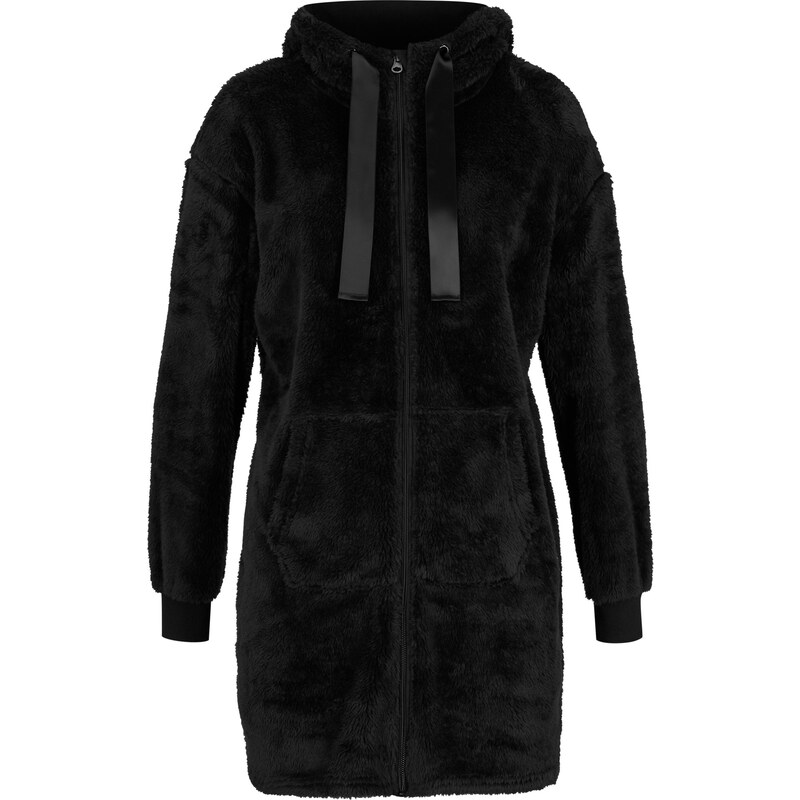 bonprix Dlhá flísová bunda, s kapucňou, dlhý rukáv, farba čierna 46385795