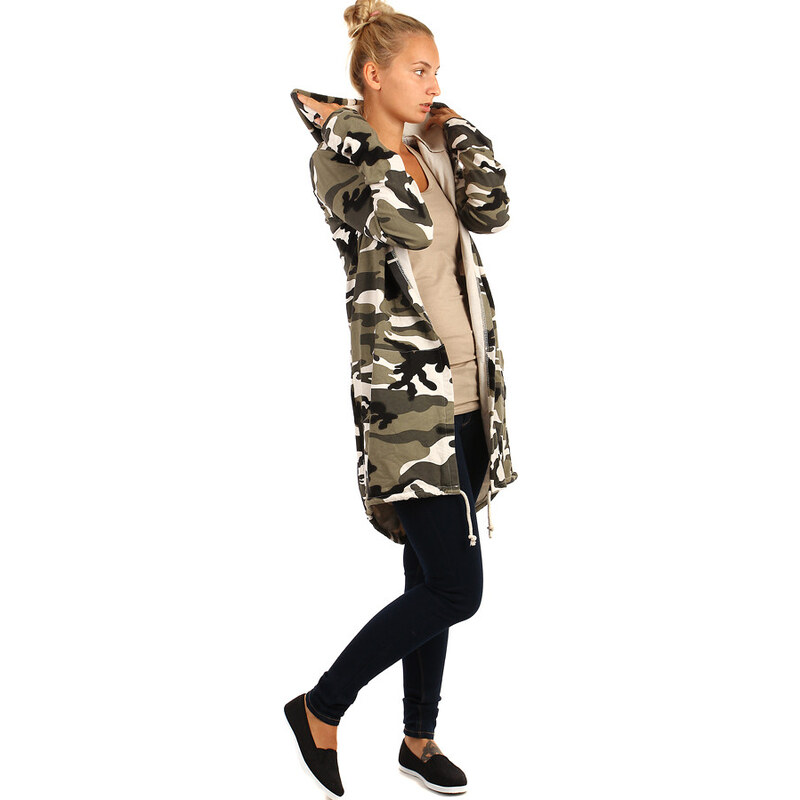 Glara Dlhý dámsky maskáčový kardigán bez zapínania aj pre plnoštíhle 29430448