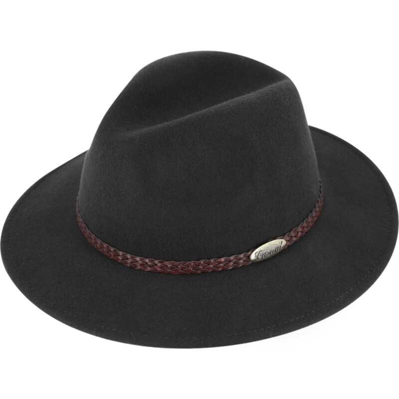 Fiebig - Headwear since 1903 Čierny plstený klobúk - čierny s koženým pleteným pásom - Fiebig