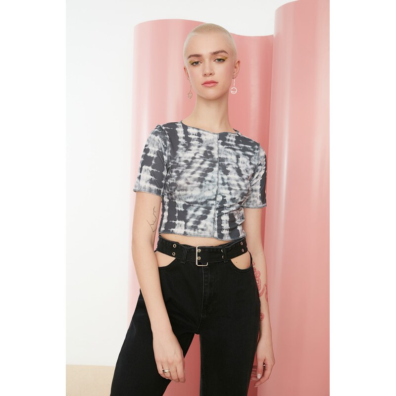 Trendyol Antracitová Blúzka s Potlačou Tie-Dye, Priliehavá/Úzka, 50634022