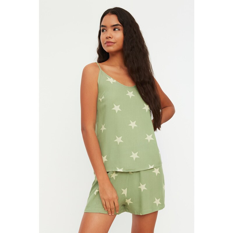 Trendyol Green Star Viscose Undershirt-Shorts Woven Pajama Set