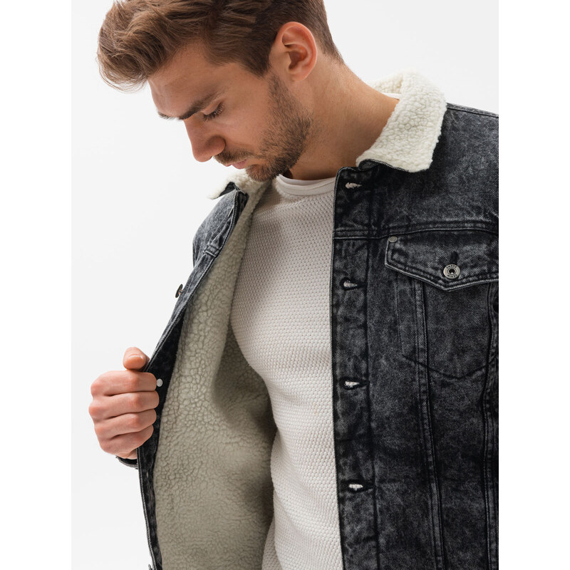 Ombre Clothing Pánska džínsová bunda so šerpou - čierna V3 OM-JADJ-0125