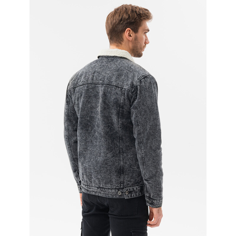 Ombre Clothing Pánska džínsová bunda so šerpou - čierna V3 OM-JADJ-0125
