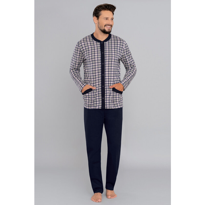 Italian Fashion Pánske bavlnené pyžamo na gombíky Dymitr, Farba tmavomodrá