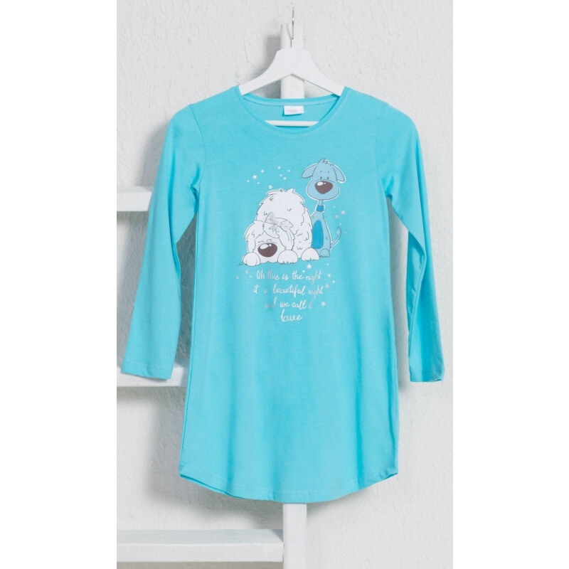 Vienetta Secret Detská nočná košeľa s dlhým rukávom Little dogs, farba tyrkysová, 100% bavlna