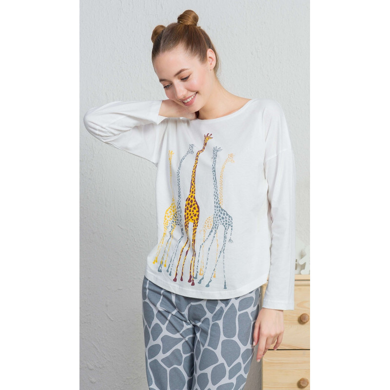 Vienetta Secret Dámske pyžamo dlhé Žirafy, farba smetanová, 100% bavlna