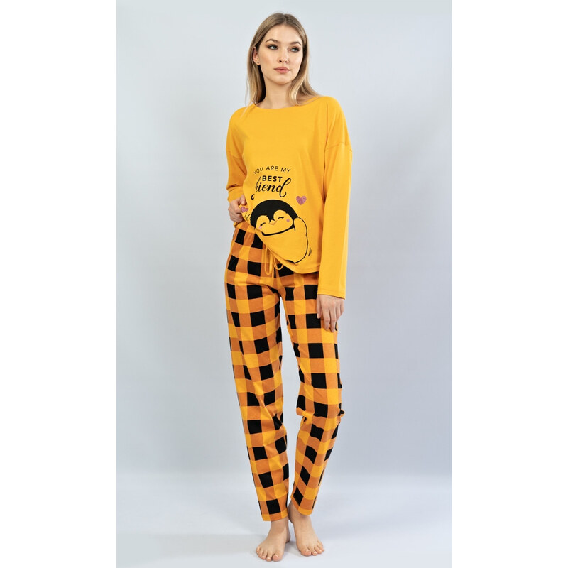 Vienetta Secret Dámske pyžamo dlhé Tučniak, farba žltá, 100% bavlna