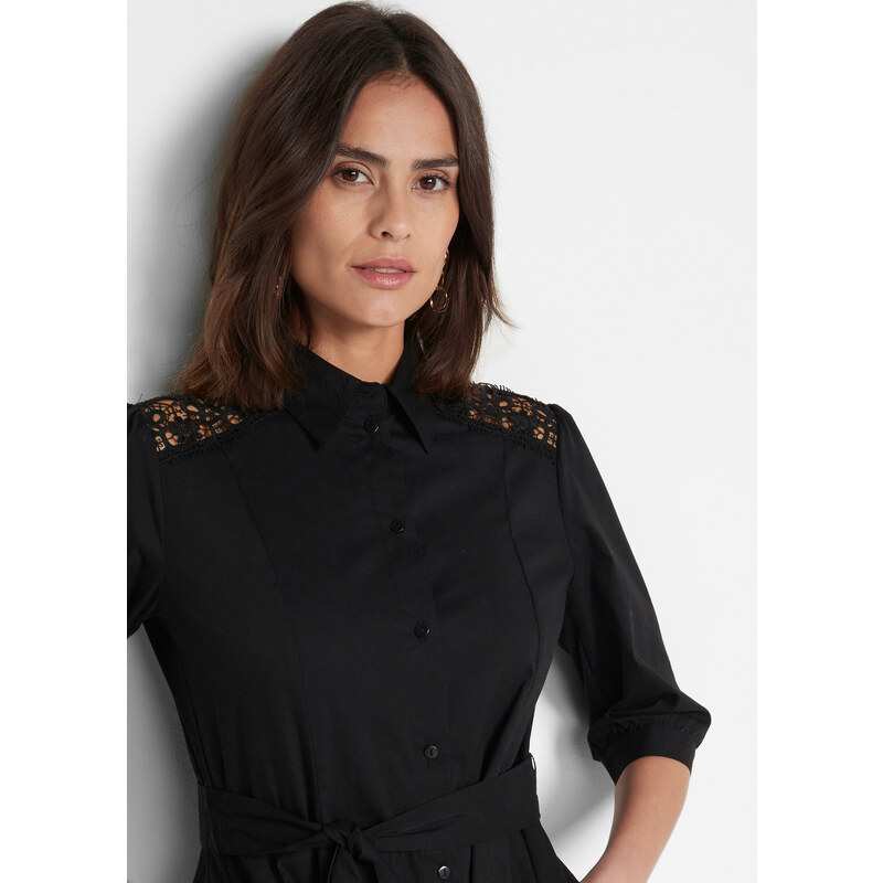 bonprix Košeľové šaty s čipkou a viazaním, farba čierna