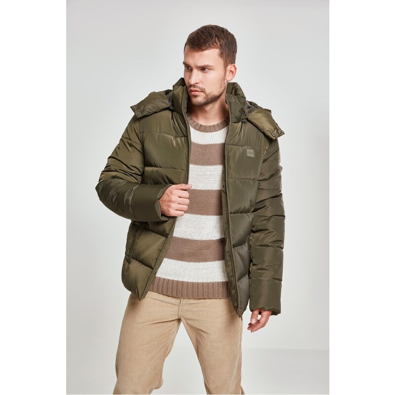 Urban Classics Puffer bunda s kapucňou, tmavá oliva 67821615
