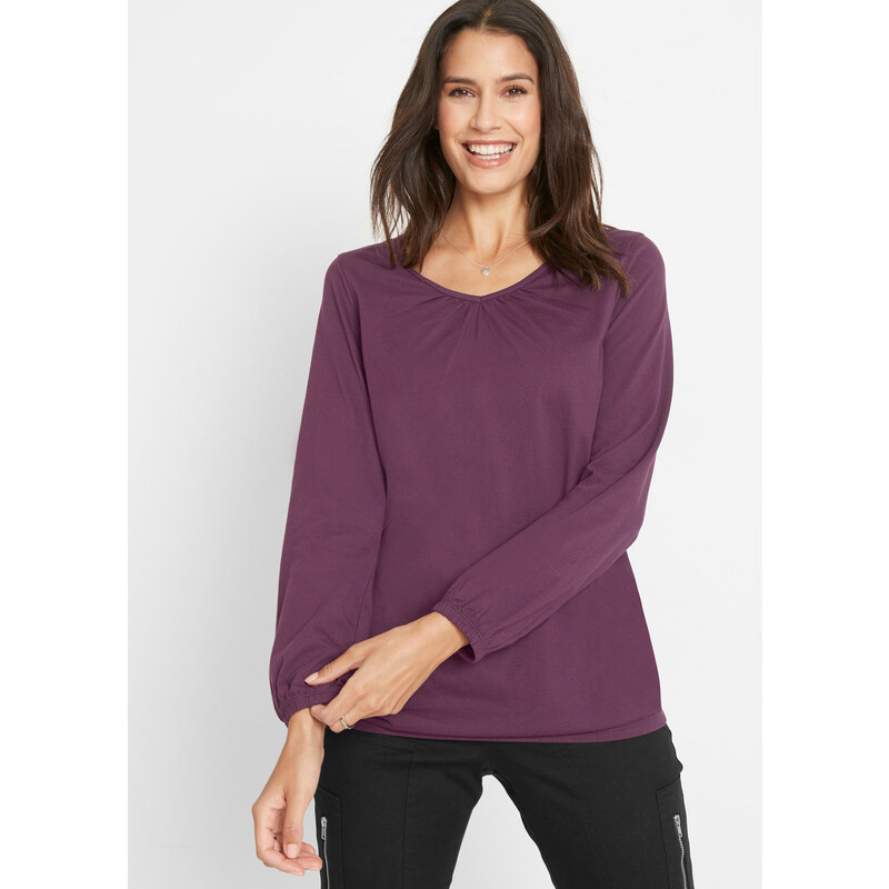 bonprix Bavlnené tričko s dlhým rukávom s gumičkou, farba fialová 44732744