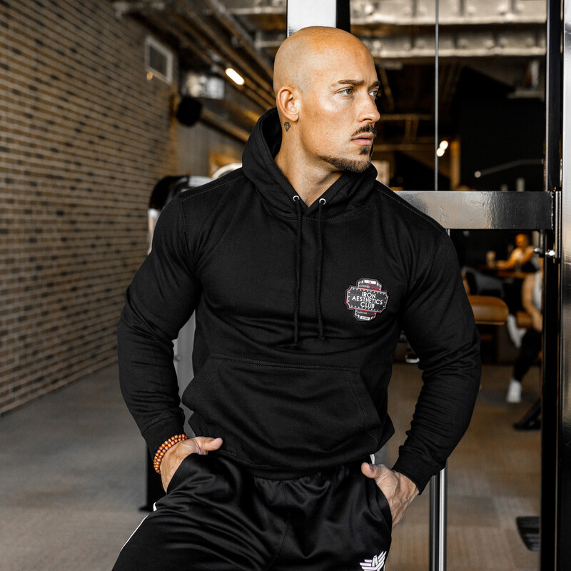 Fitness mikina bez zipsu Iron Aesthetics Badge, čierna 30321245
