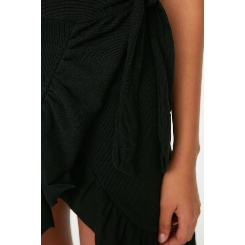 Trendyol Collection Čierna zavinovacia rebrovaná mini sukňa