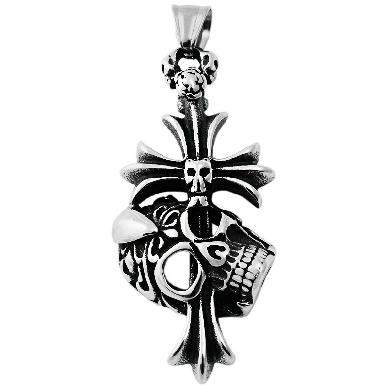 BM Jewellery Pánsky prívesok 5,5 cm z chirurgickej ocele kríž s lebkou 31721292