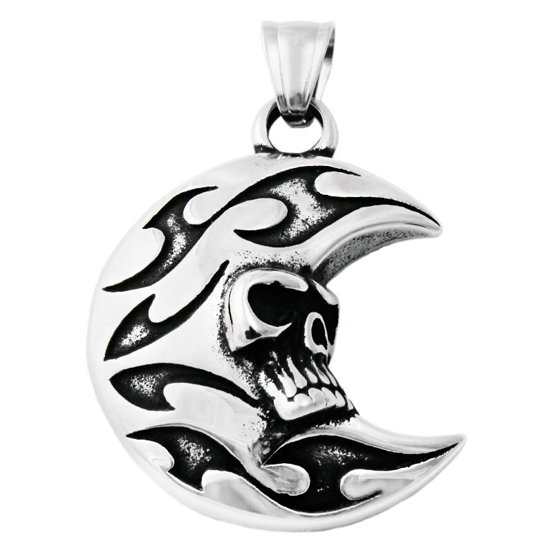 BM Jewellery Pánsky prívesok 4 cm z chirurgickej ocele mesiac s lebkou 31721293