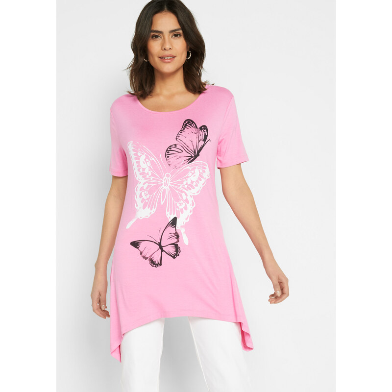 bonprix Dlhé tričko s cípmi a motýlikovým vzorom, farba ružová 49204796
