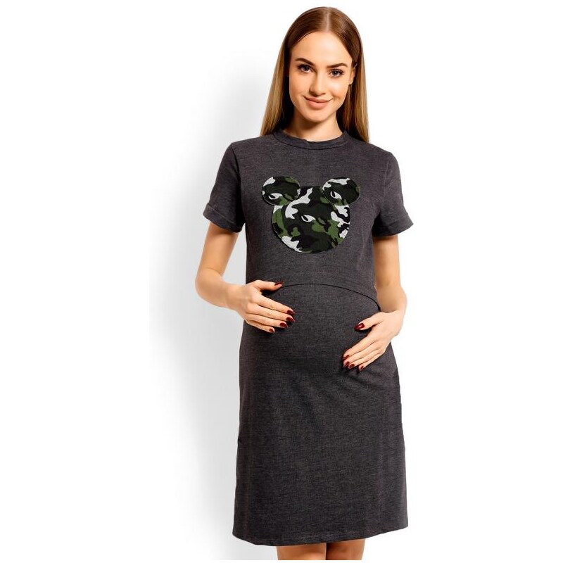PreMamku Tmavosivá bavlnená nočná košeľa s kŕmnym panelom pre mamičky - mickey