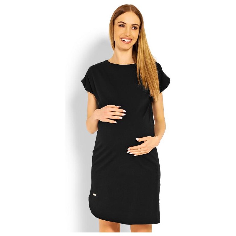 PreMamku Tehotenské asymetrické šaty s krátkym rukávom v čiernej farbe