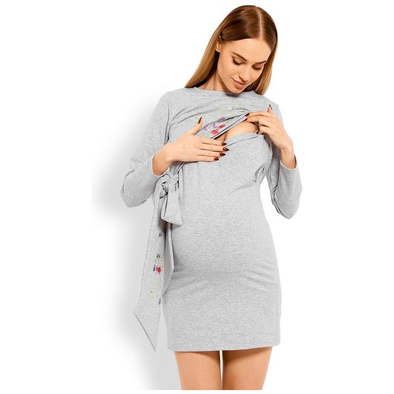 PreMamku Sivé tehotenské a dojčiace šaty s vyšívanými kvetmi a mašľou