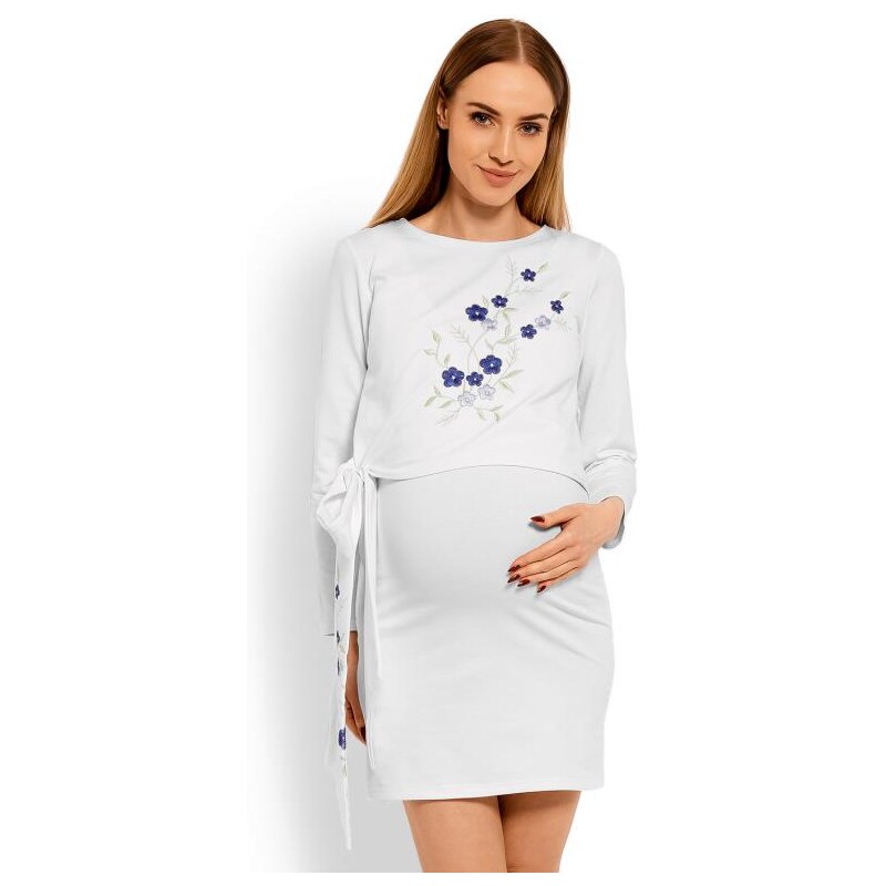 PreMamku Biele tehotenské a dojčiace šaty s vyšívanými kvetmi a mašľou