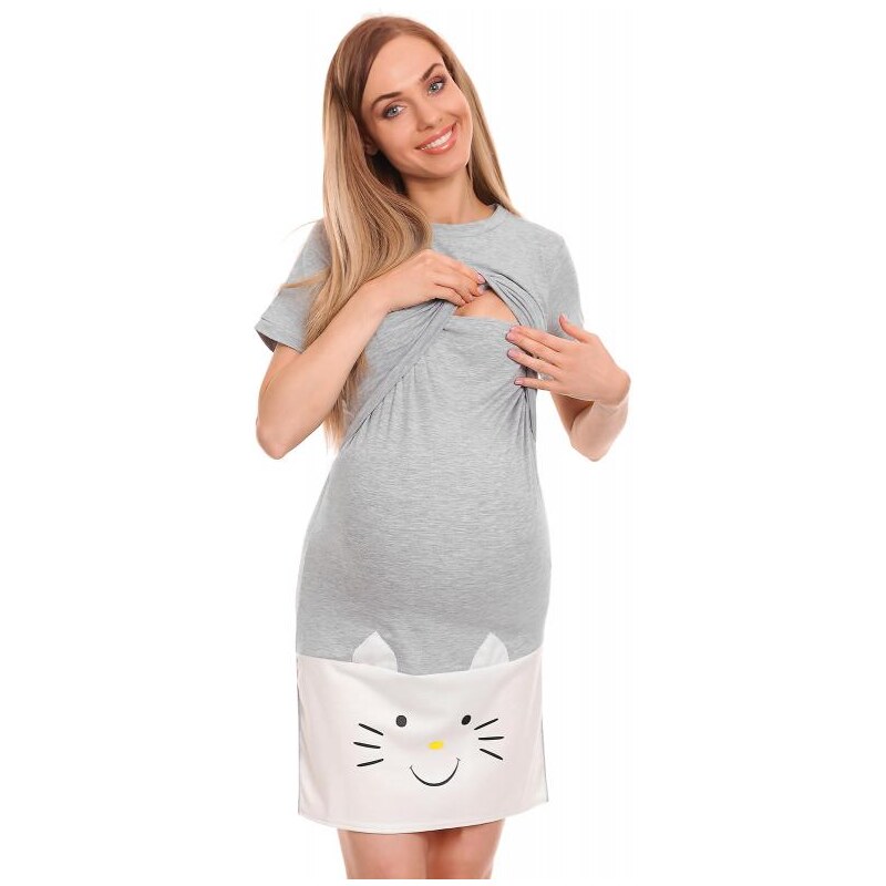 PreMamku Materská nočná košeľa mačka s kŕmnym panelom v sivej farbe