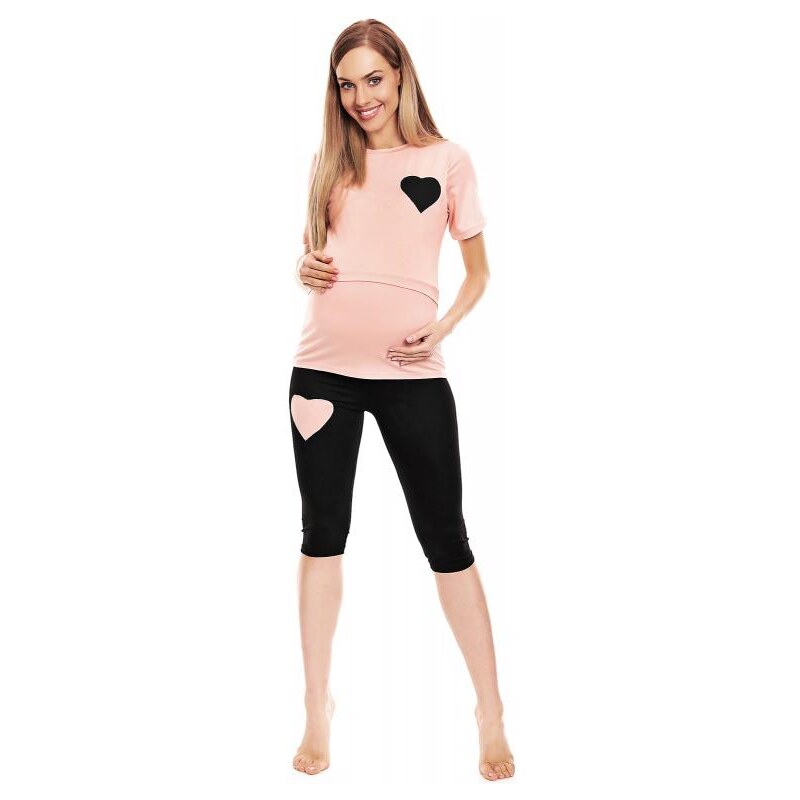 PreMamku Tehotenské a dojčiace pyžamo s legínami a tričkom s kŕmnym panelom srdce v ružovej farbe