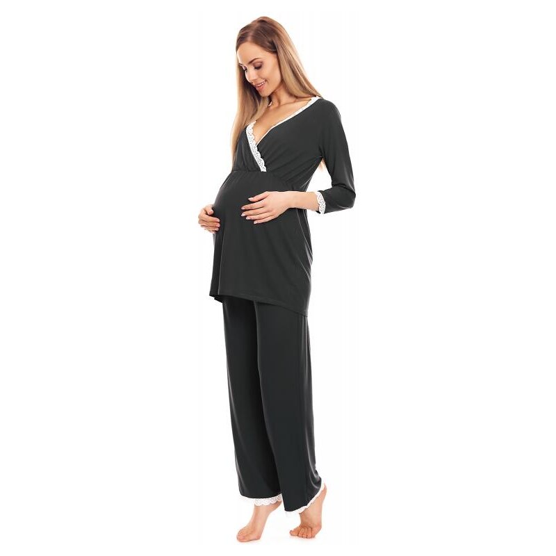 PreMamku Tehotenské a dojčiace pyžamo s nohavicami a tričkom s dlhým rukávom v tmavosivej farbe s výstrihom