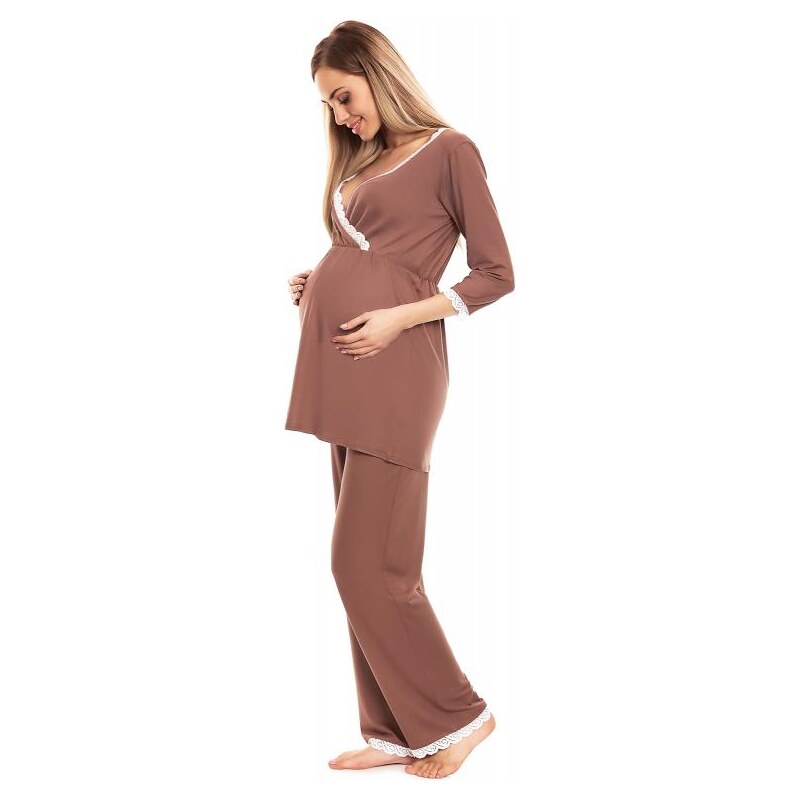 PreMamku Cappuccinové tehotenské a dojčiace pyžamo s nohavicami a tričkom s dlhým rukávom s výstrihom