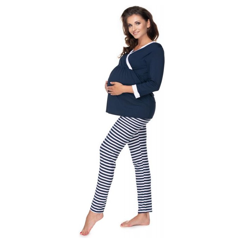 PreMamku Tmavomodré/biele tehotenské a dojčiace pyžamo s nohavicami s brušným panelom a tričkom s dlhým rukávom s výstrihom