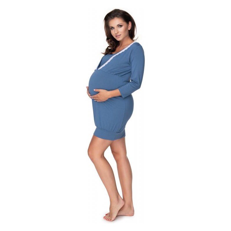 PreMamku Modrá tehotenská a dojčiaca nočná košeľa na kŕmenie s 3/4 rukávmi a ozdobnou čipkou