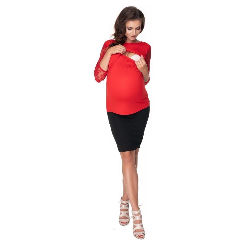 PreMamku Tehotenská a dojčiaca blúzka s dlhým rukávom s čipkou v červenej farbe