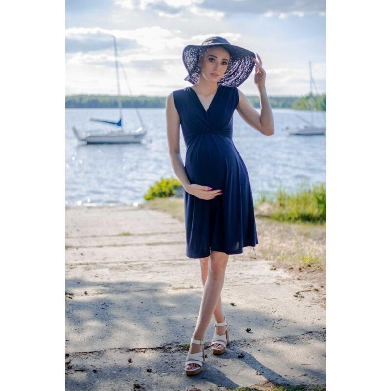 PreMamku Tmavomodré elegantné tehotenské a dojčiace šaty bez rukávov