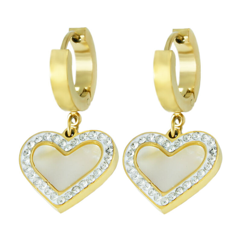 BM Jewellery Náušnice srdca visiace s perleťou z chirurgickej ocele 31721331