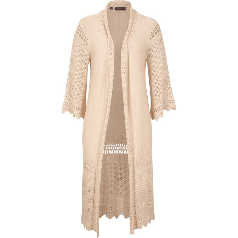 bonprix Dlhý ažúrový pletený sveter, farba béžová 45103571