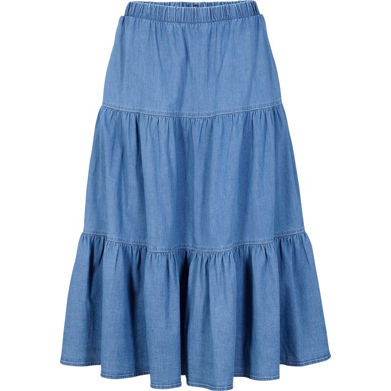 bonprix Džínsová volánová sukňa, farba modrá, rozm. 42