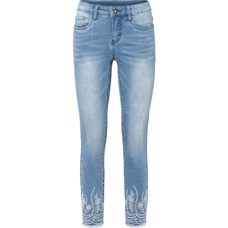 bonprix Skinny džínsy s výšivkou, farba modrá
